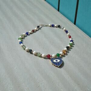 Chic Colorful Beaded Evil Eye Heart Pendant Necklace - Gemstone for Women